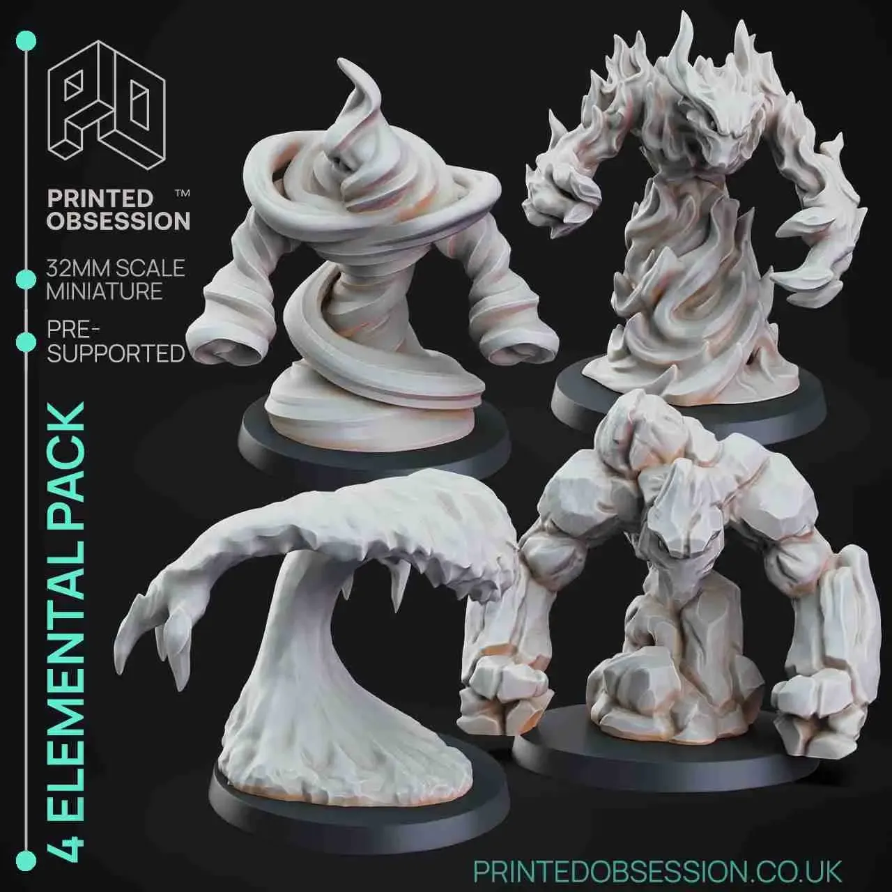 4 Elemental Pack - PRESUPPORTED - 32mm scale - D&D
