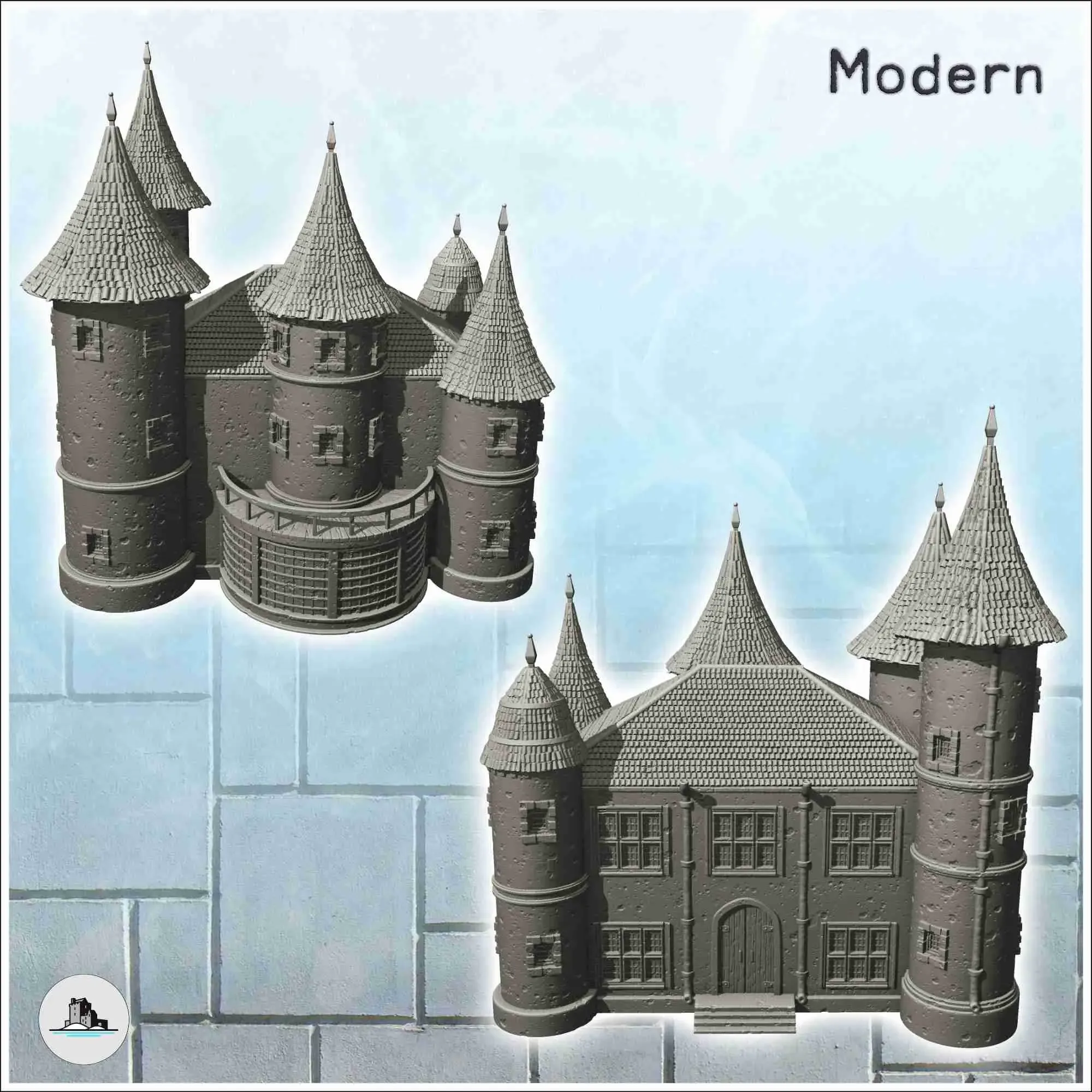 Large modern castle with double towers and entrance stairs (