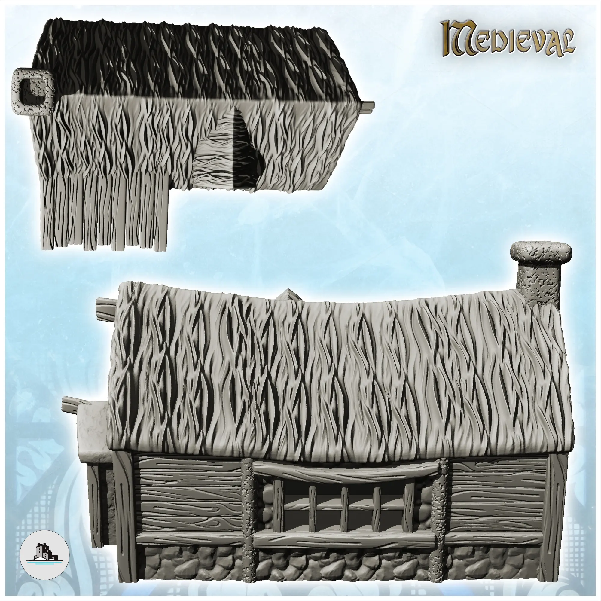 Posada medieval con tejado de paja, toldo y puerta lateral (22) - m