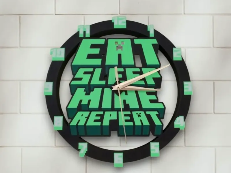 Minecraft Wall Clock – "Eat Sleep Mine Repeat" - flat front