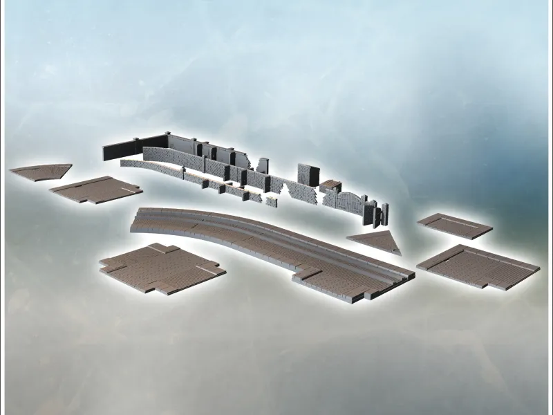 Set of modular paved roads and brick walls with a low wooden