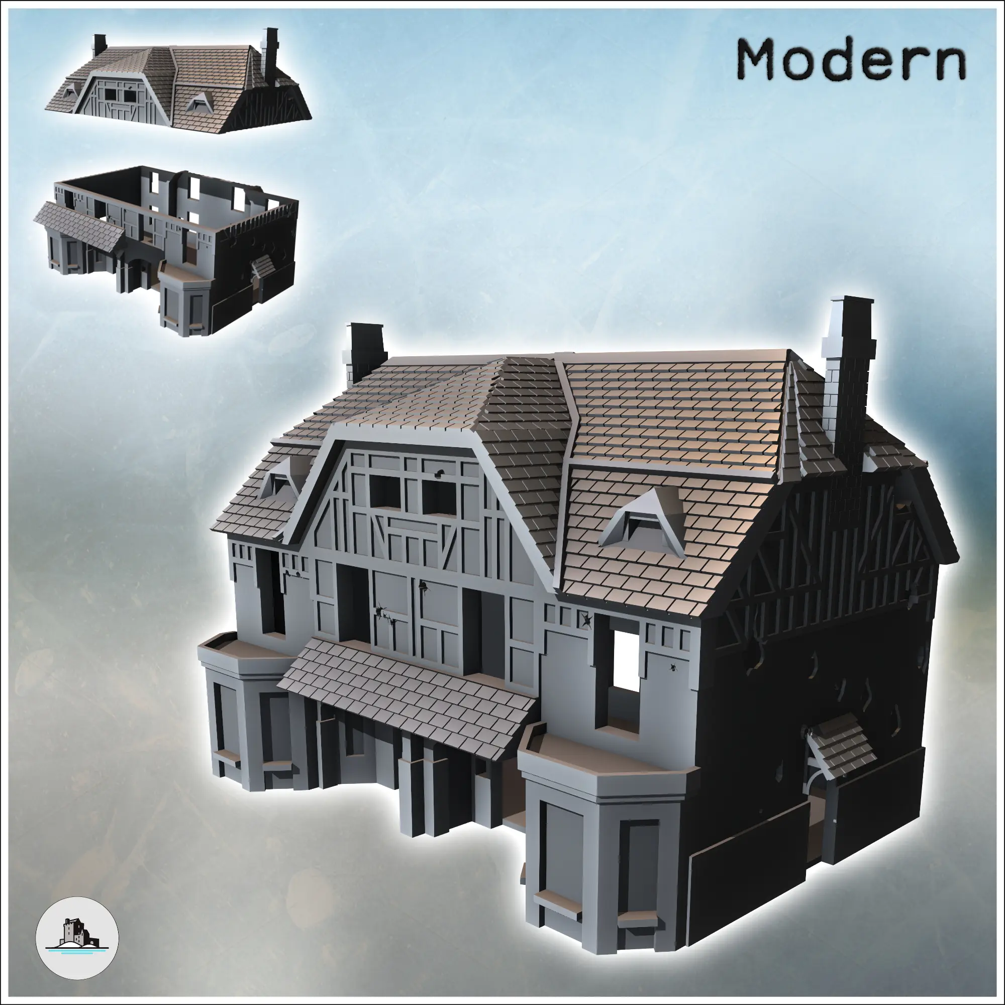 Mehrstöckiges Haus mit Ziegeldach und Schornsteinen (Juno Beach,