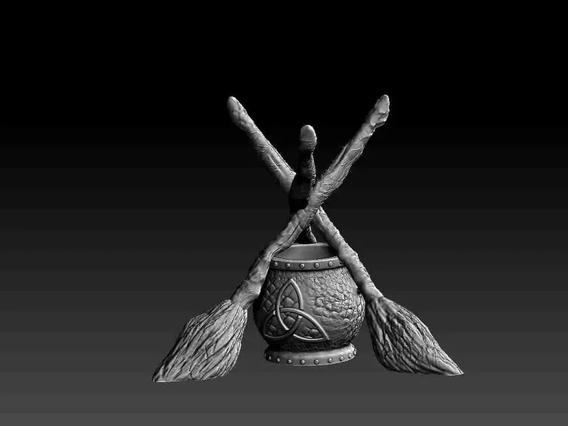 Witchcraft standing brooms and cauldron