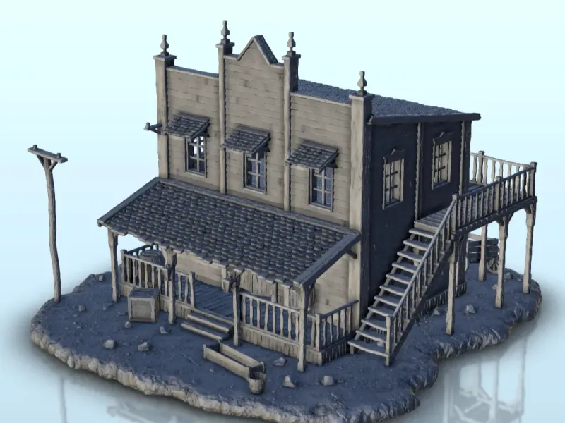 Big wooden house with canopy and outside stairs - Terrain