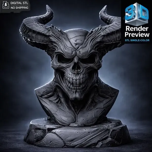 Demon Skull Bust STL – Horned Dark Fantasy Statue
