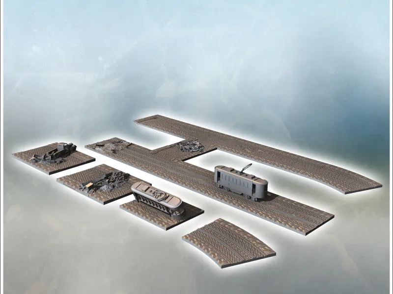 Set modulaire verharde wegen voor een moderne stad met puin en