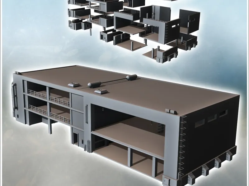 Open modern industrial building with multiple floors, flat r