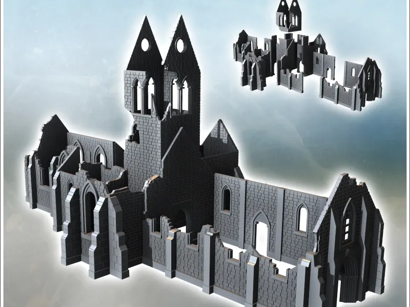 Destroyed Gothic-style church with central tower and stone w