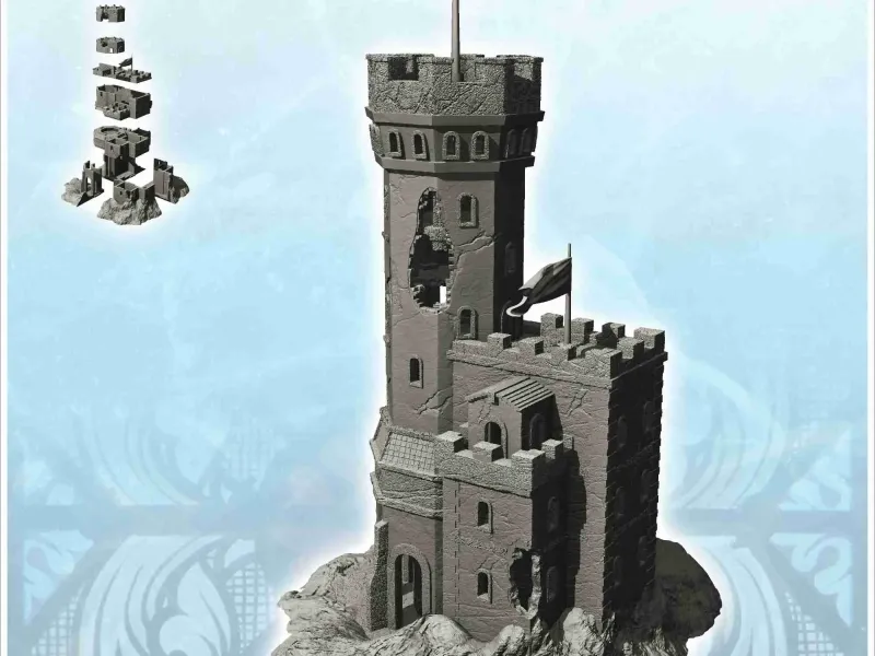 Stone castle with damaged keep and double flags (16) - minia