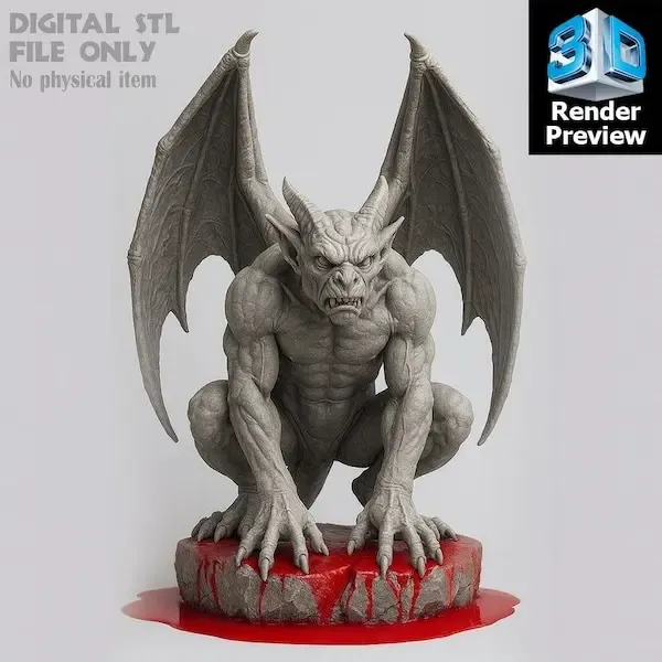 Gargoyle Demon Statue STL – Dark Fantasy Winged Creature 3D 