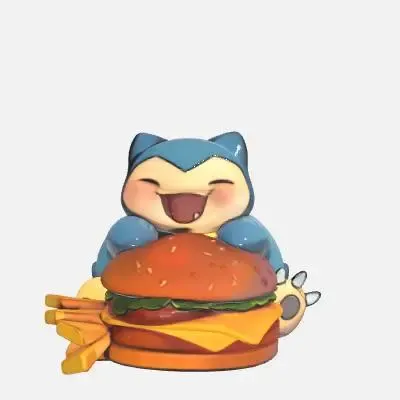Adorabile Snorlax Pokémon con hamburger e patatine
