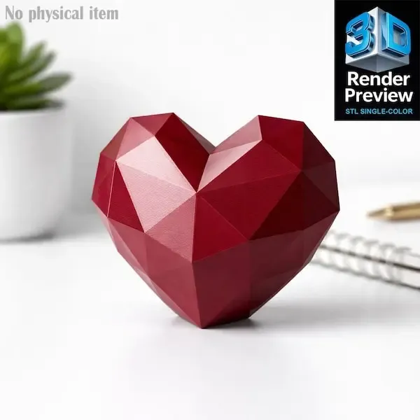 Low Poly Heart Sculpture STL – Geometric Love Decor, Single-