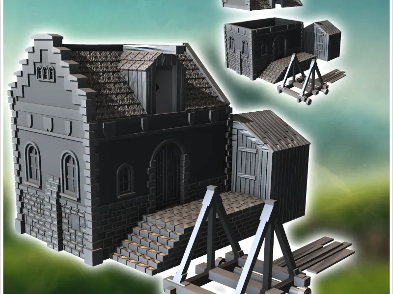 Medieval workshop for the production of siege weapons with w
