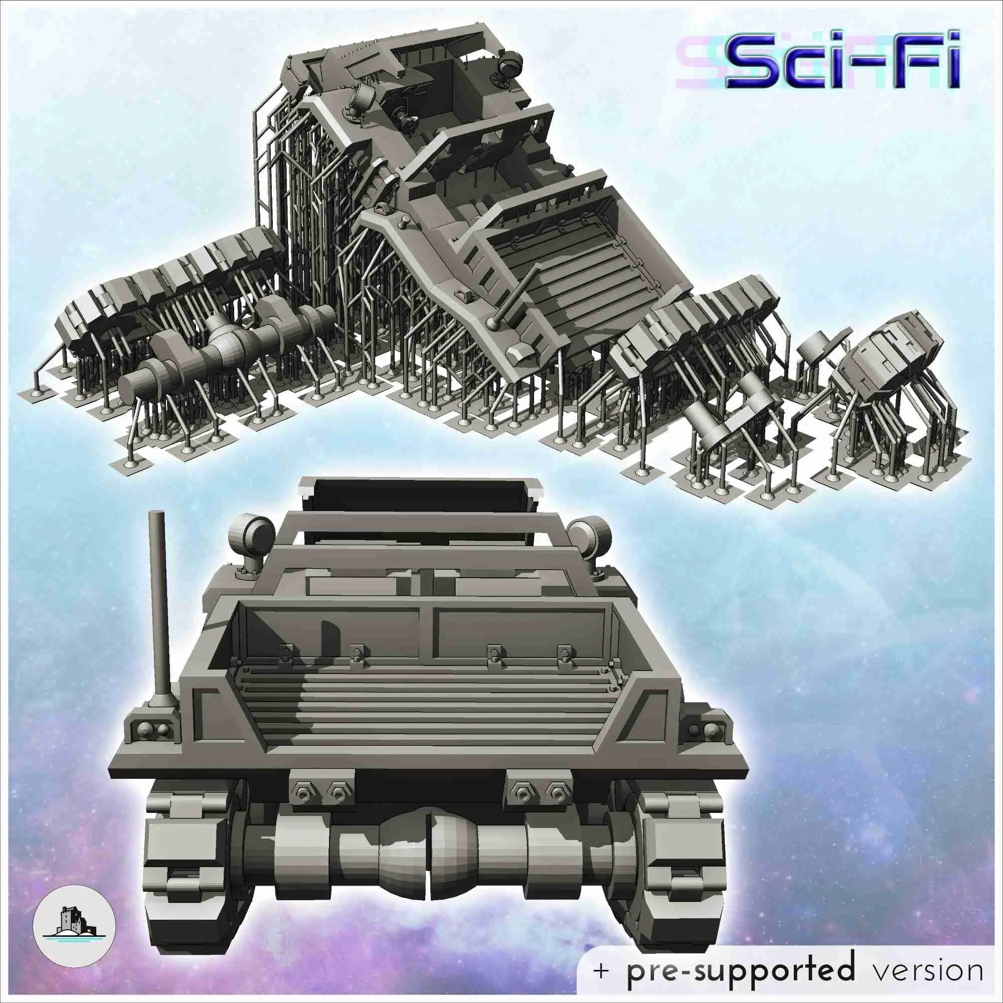 Futuristic half-track transport vehicle with cargo and anten