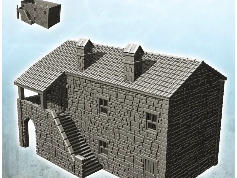 Huis in zichtbare stenen met toegangstrap en pannendak (20