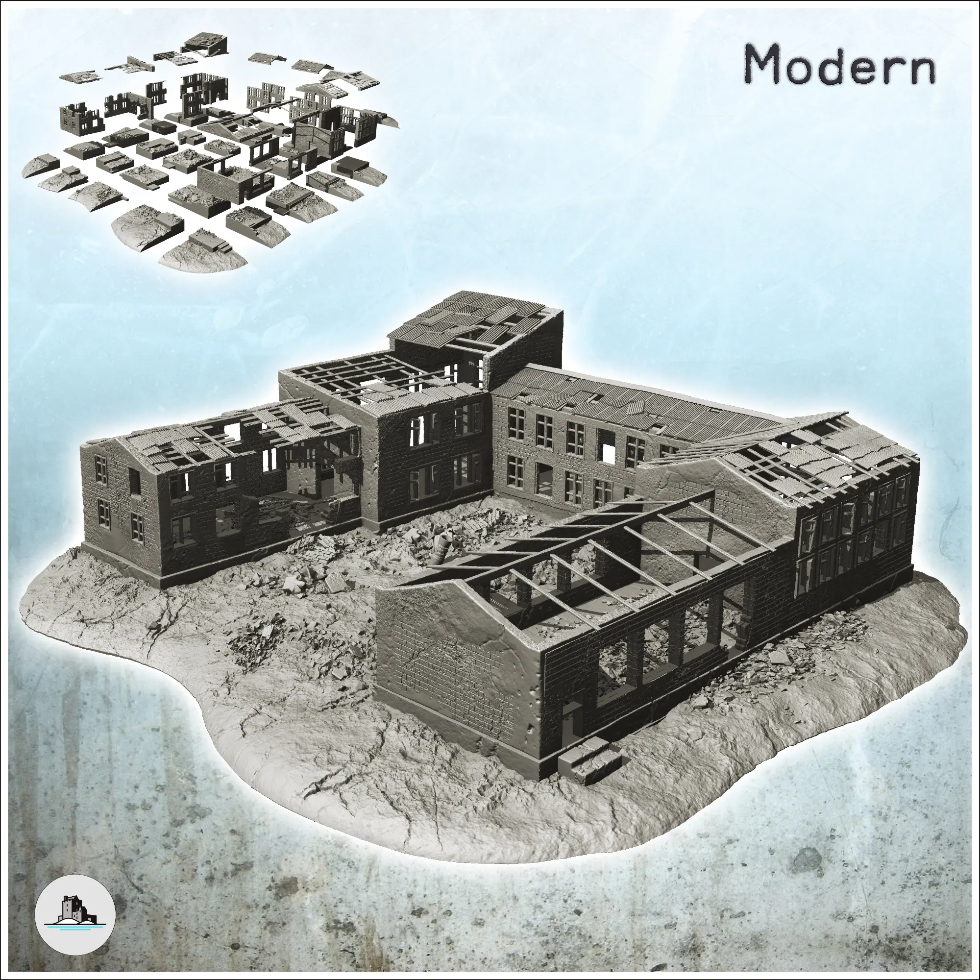 Large public building in ruins - terrain scenery modern WW2