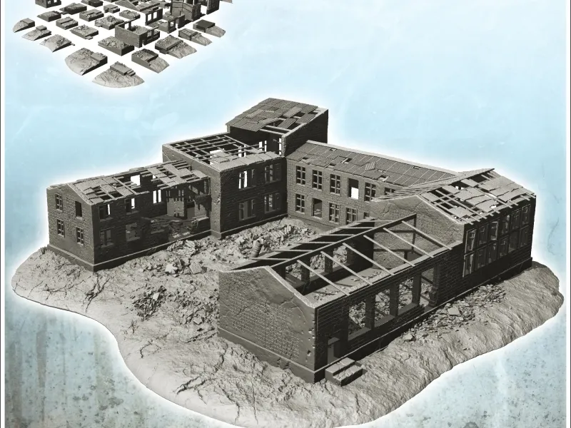 Grande edifício público em ruínas - cenário de terreno moderno da 2ª Guerra Mundial