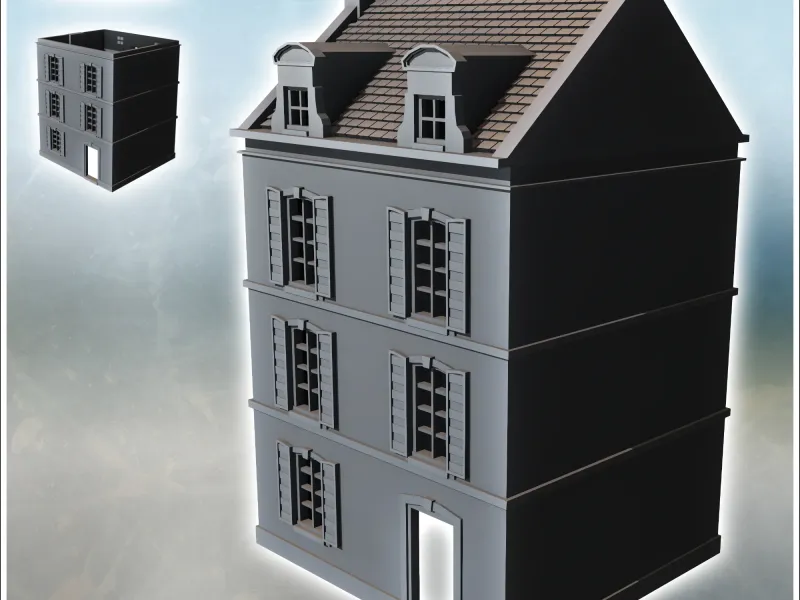 Square building with two floors and baroque-style roof windo
