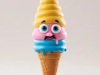 ICE CREAM CONE CHARACTER WITH ICE CREAM DRIPPING AND A SMILE