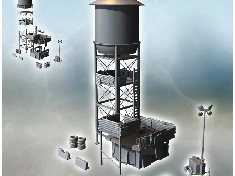 Outpost on water storage tower with lamps and metal defensiv