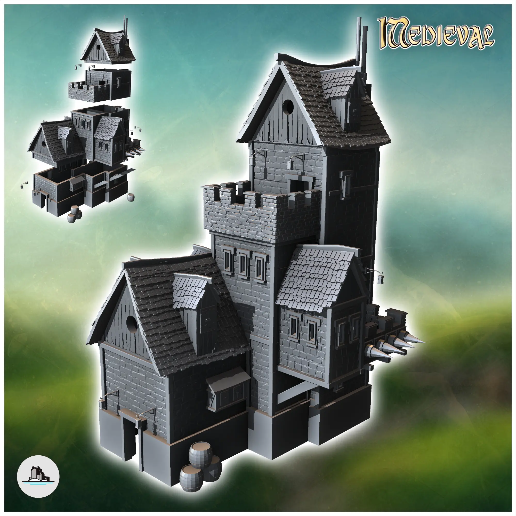 Large fortified medieval building with battlements and defen