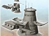 Round futuristic building with large hanging canvas canopy (-0
