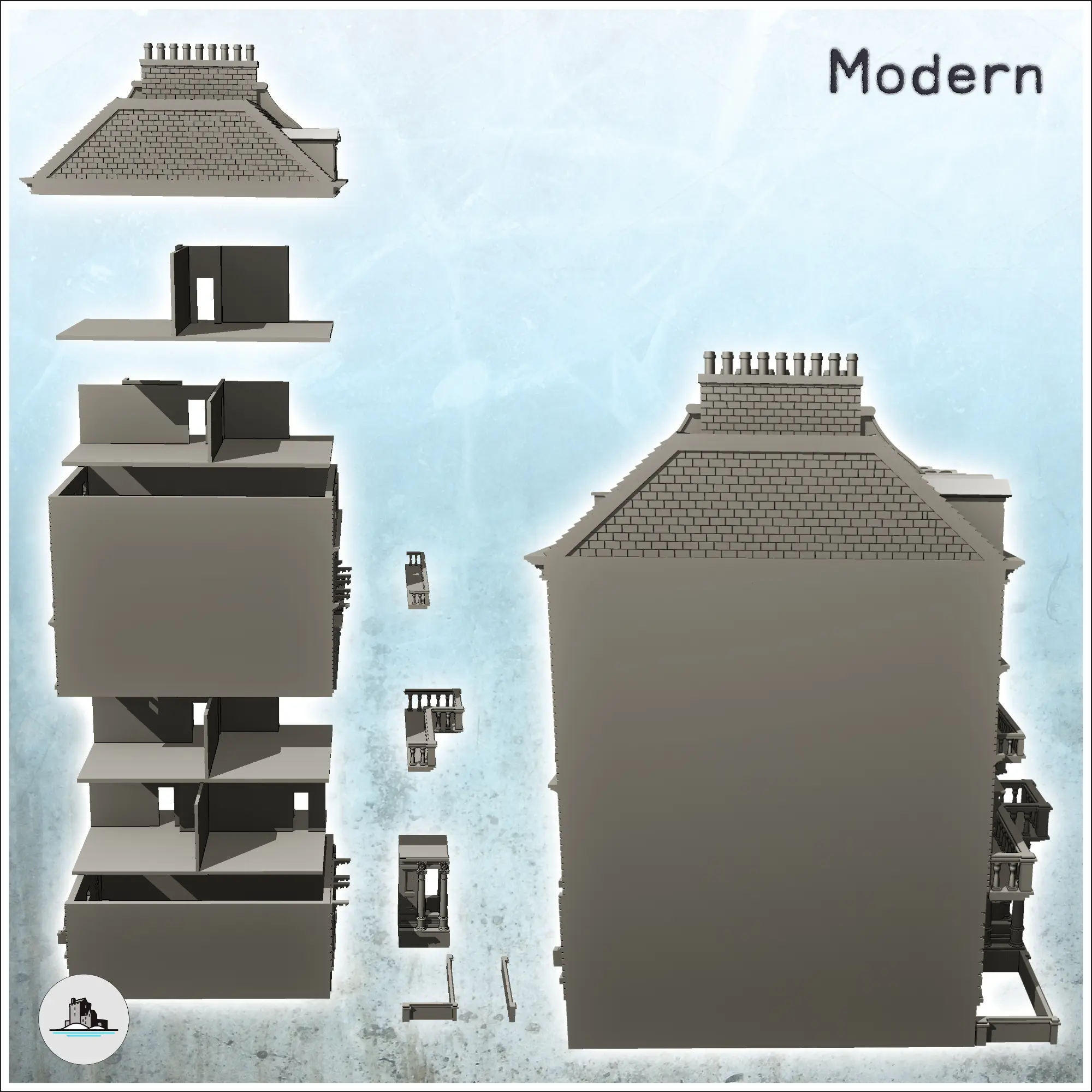 Large modern building with balcony and chimneys with low wal