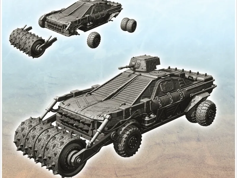 Voiture post-apocalyptique avec tourelle armée et roulettes à pointes (2