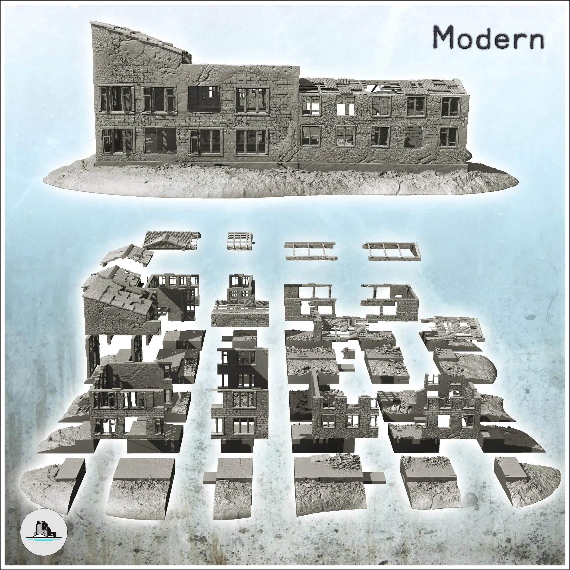 Large public building in ruins - terrain scenery modern WW2