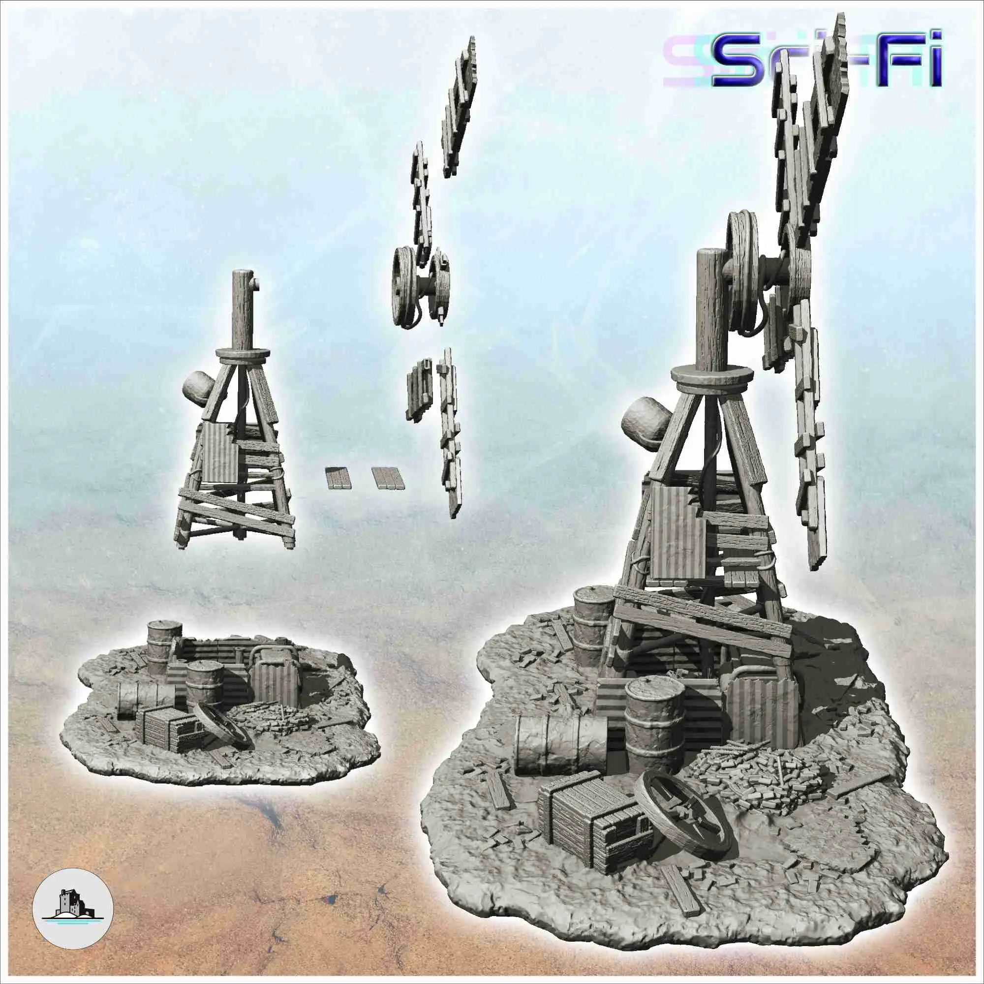 Post-apocalyptic wind turbine made of sheet metal and wood w