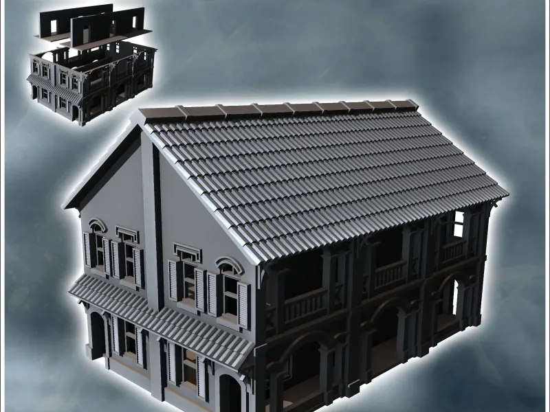 Colonial two-storey house with tiled roof (14) - miniatures