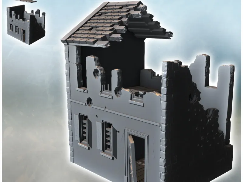Modernes Ruinenhaus mit beschädigter Tür und Obergeschoss (8) -