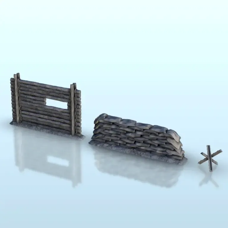 Set of barricades : hedgehod wooden sandbags - terrain WW2