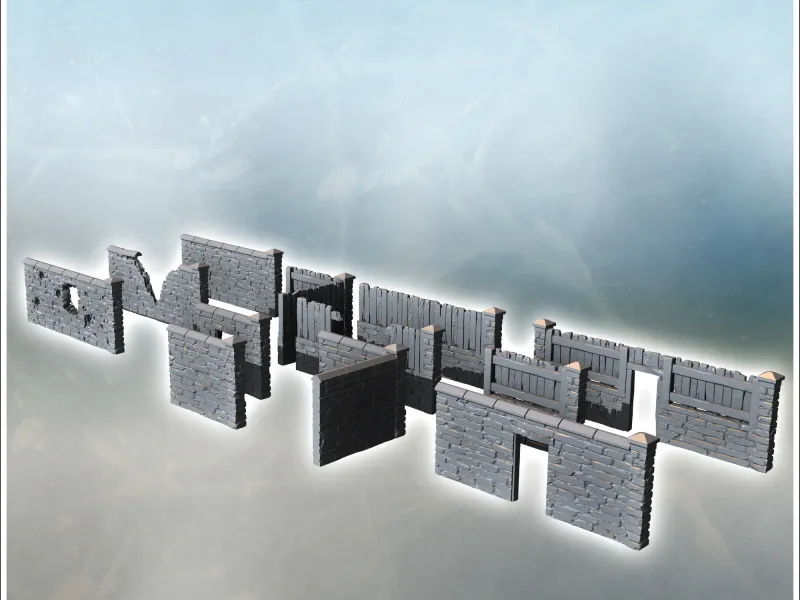 Set of modular rural stone walls with wooden panels (2) - mi