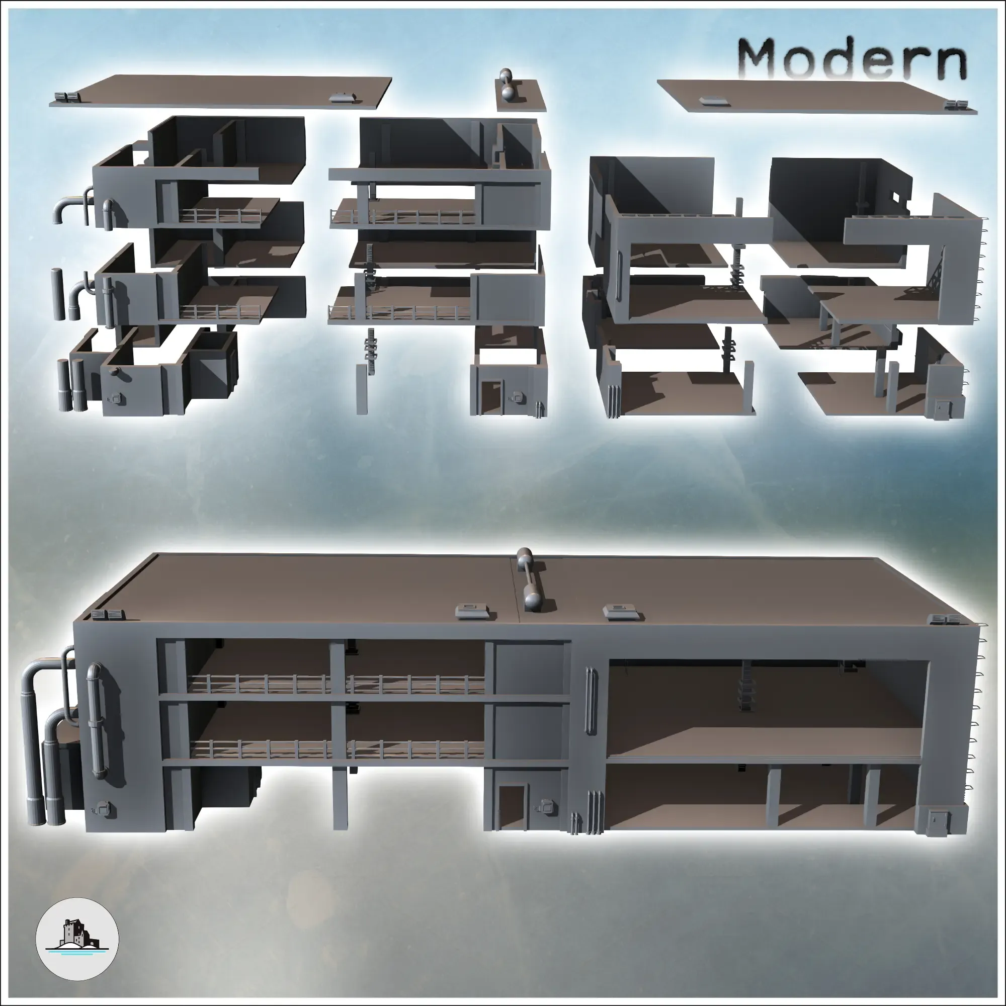 Open modern industrial building with multiple floors, flat r