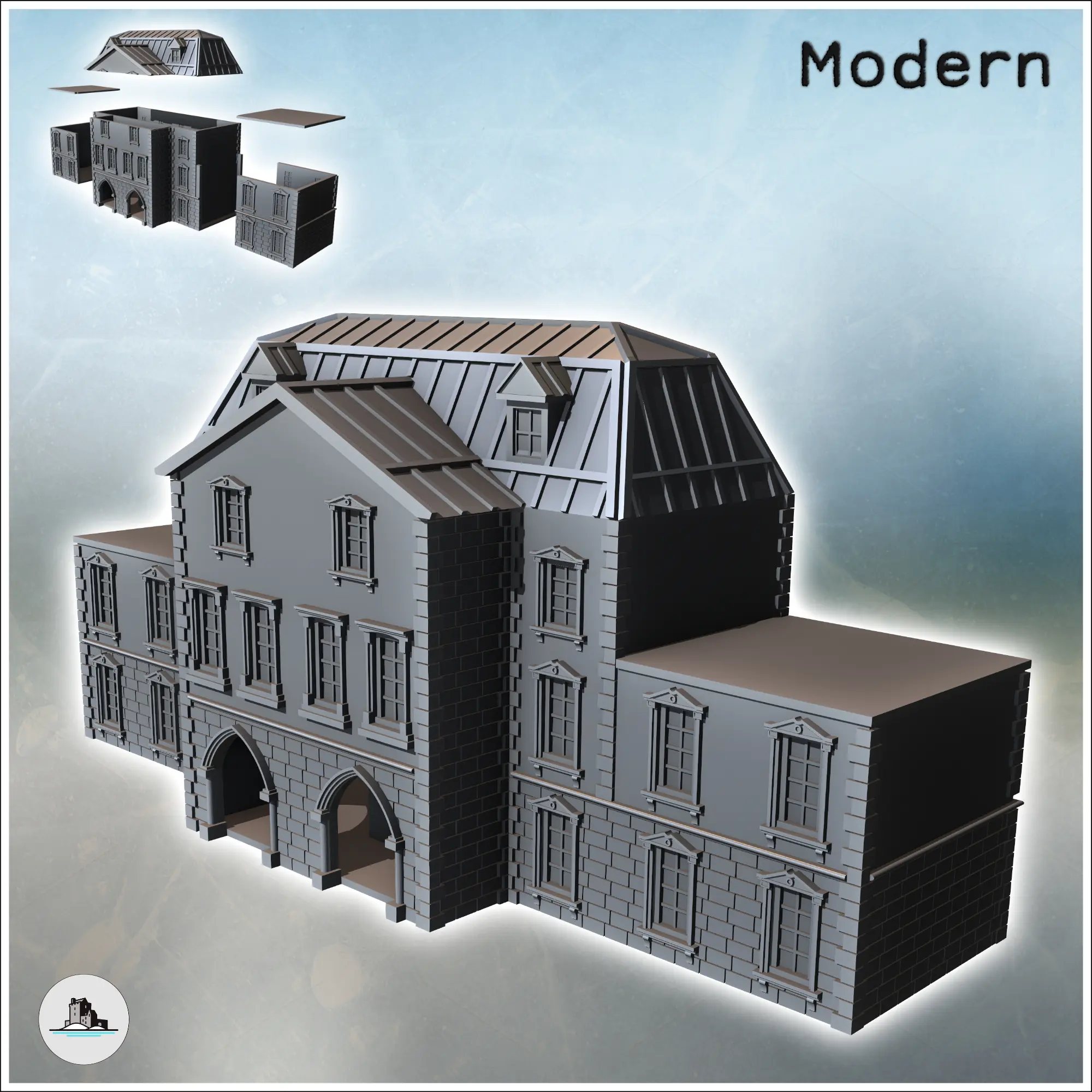 Large building with a zinc roof hewn stone base and flat-roo