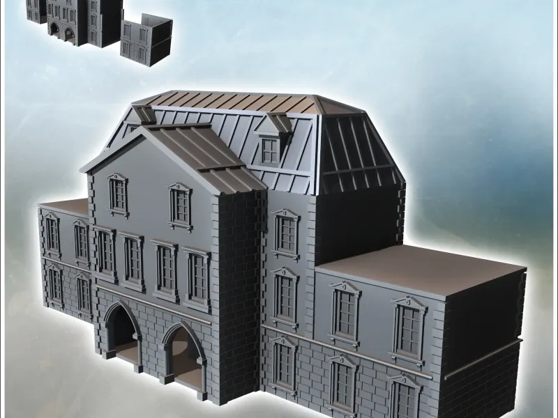 Gran edificio con tejado de zinc, base de piedra labrada y aro plano