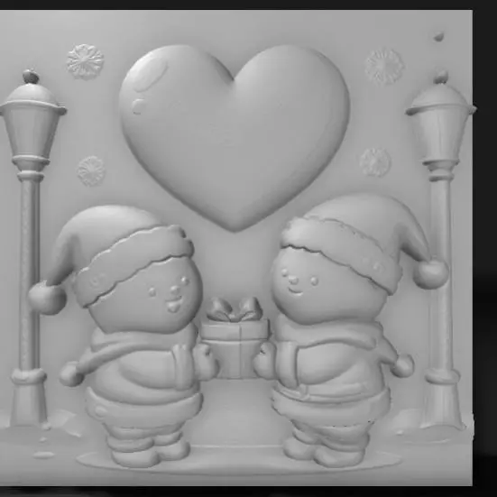 Santa-hat couple exchanging gift, big heart above,