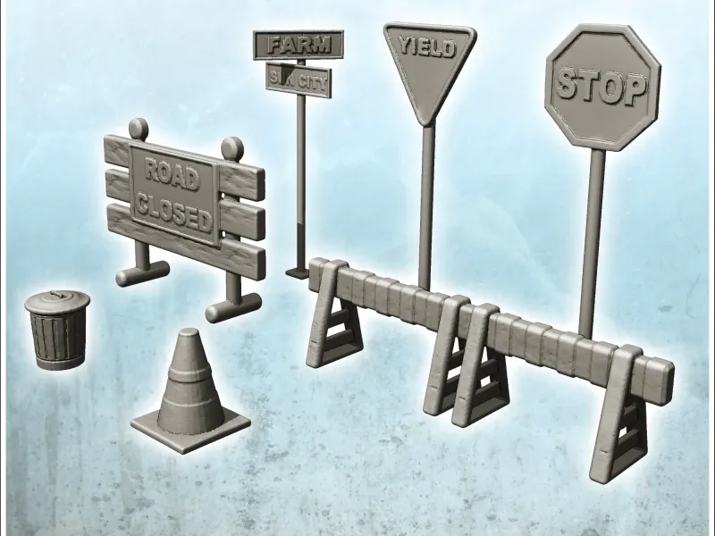 Modern roadworks signage set with signs and barriers (11) -