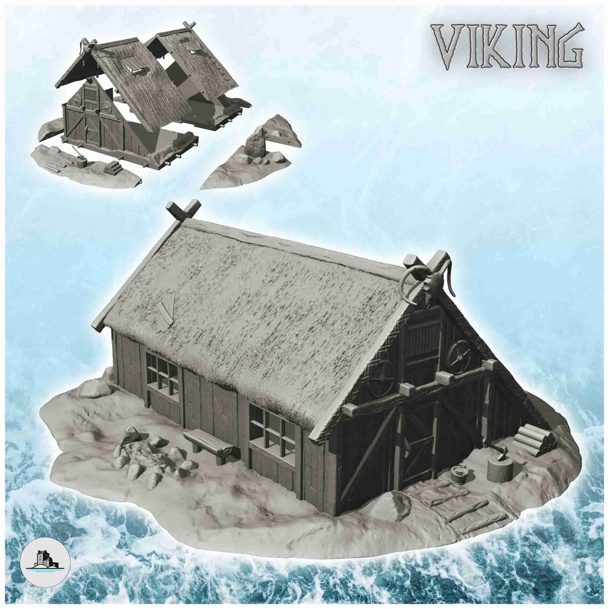 Viking house with sloping roof and ram's head (13) - scenery