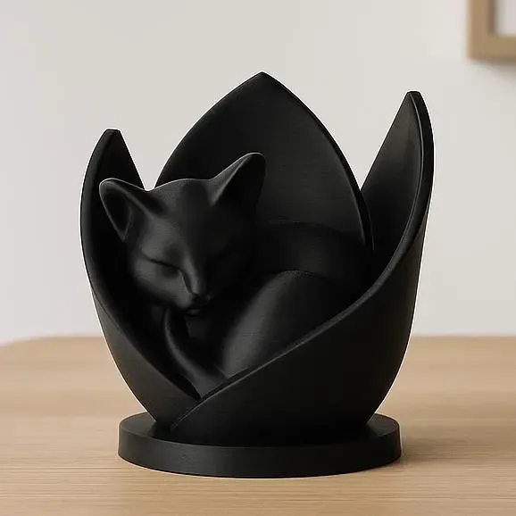 Sleeping Cat in Lotus Minimalist Figurine