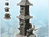 Large medieval tower with multiple tiled roofs and plant-cov-0
