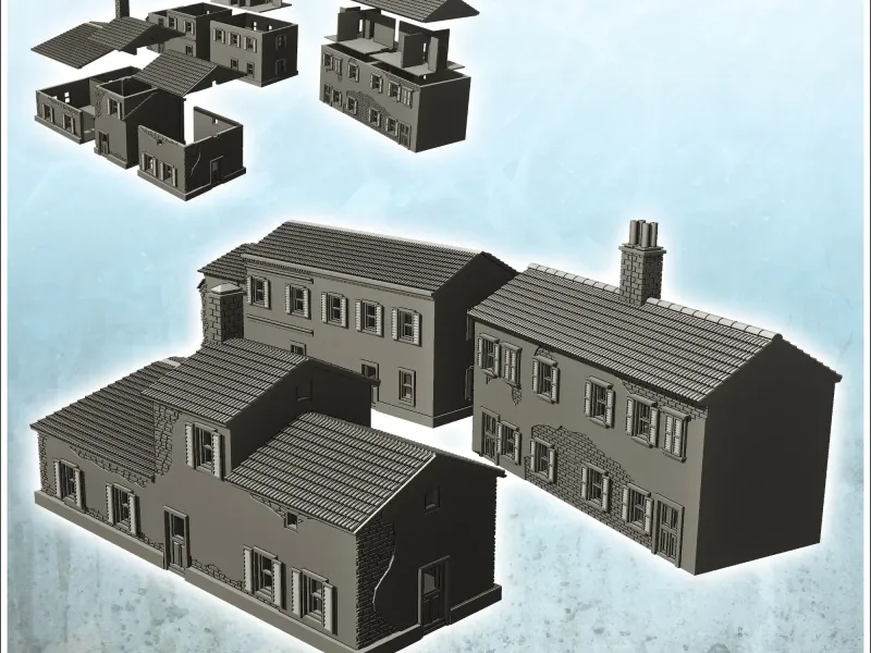 Set of three European houses in plaster and stone with floor