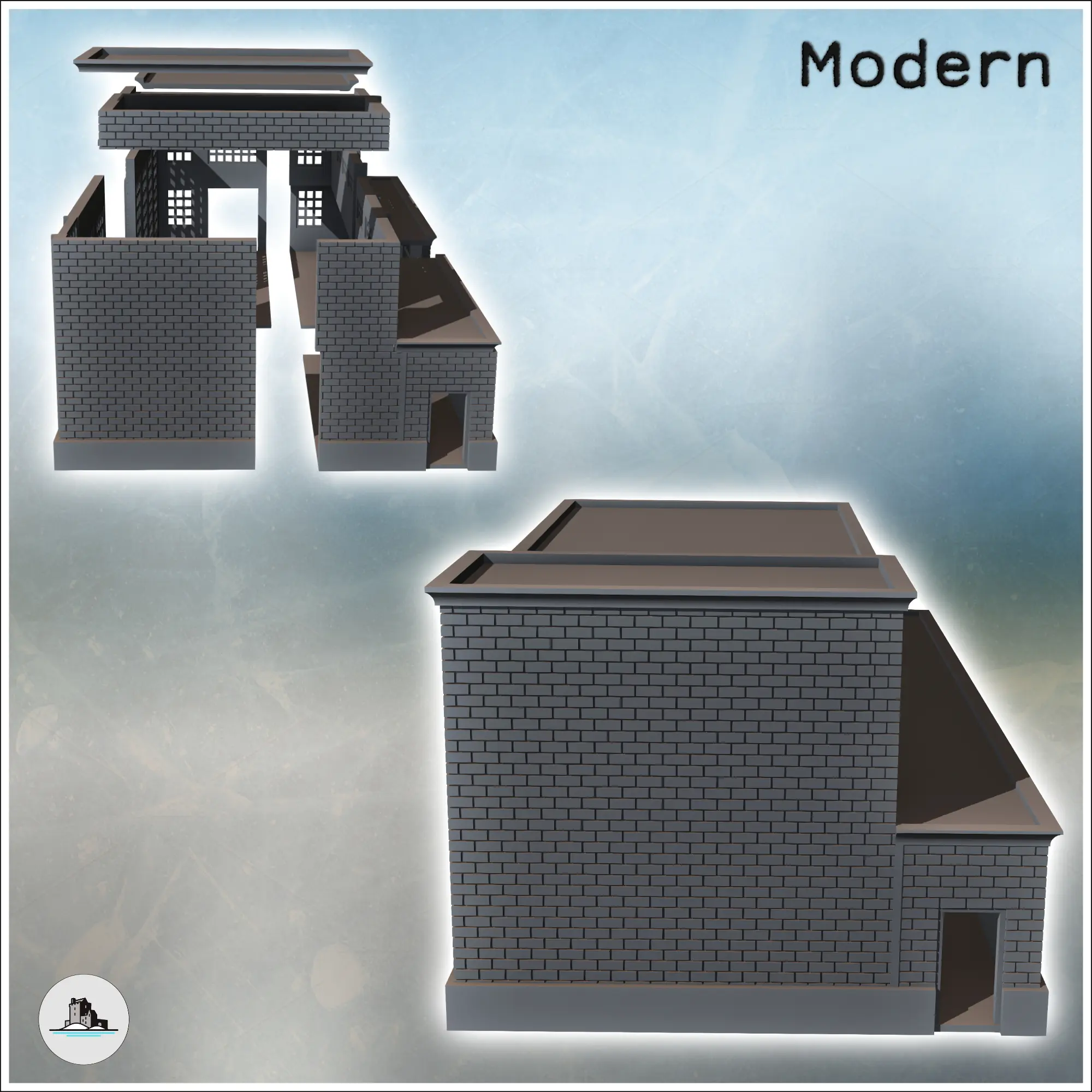 Modern industrial brick building with flat roofs, large acce