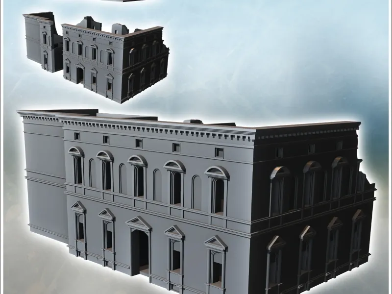 Baroque palace with pediments, flat roof and ruined section