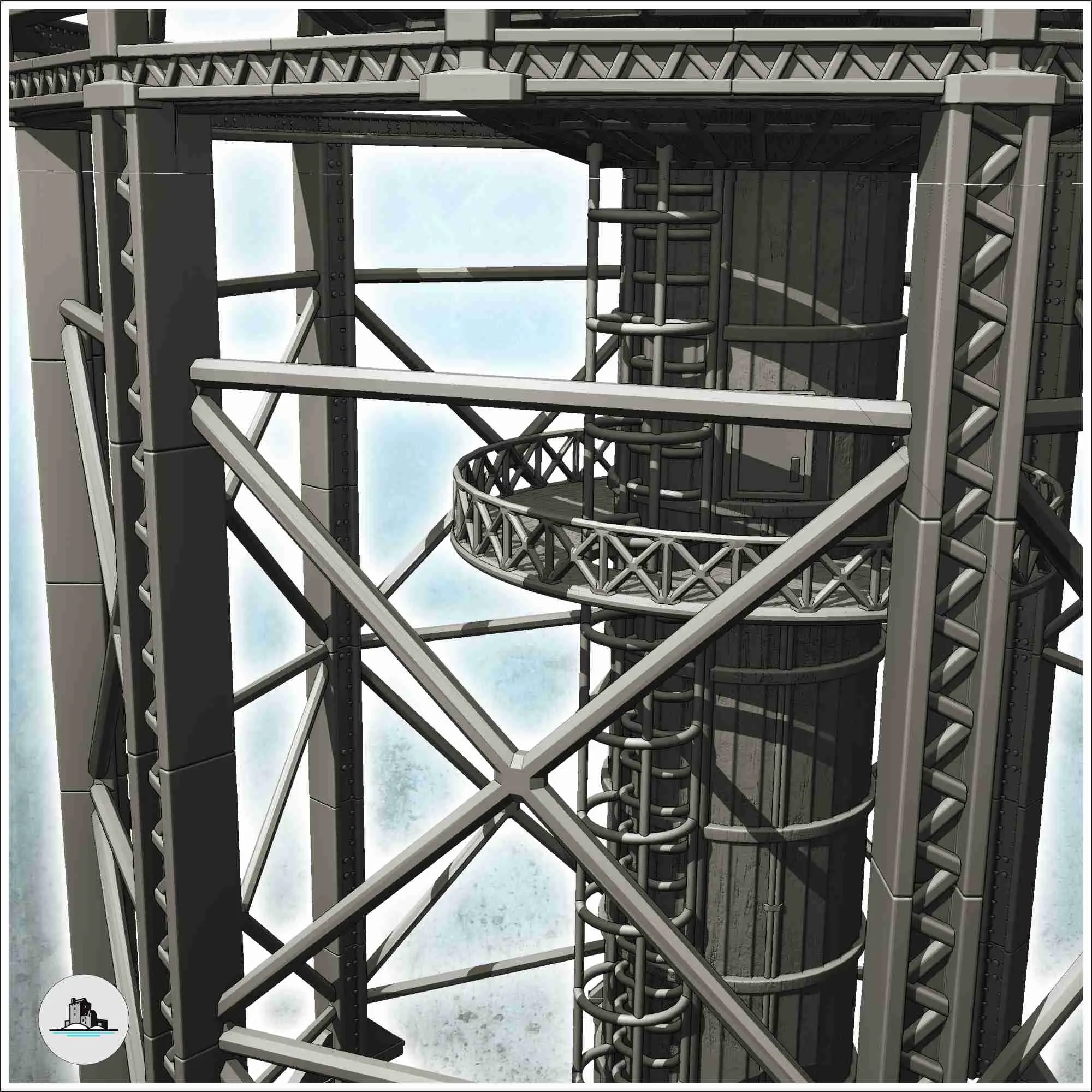 Torre industrial con depósito en la parte superior y estructura metálica (2