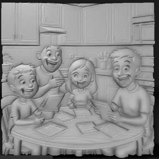 Smiling family reviewing bills