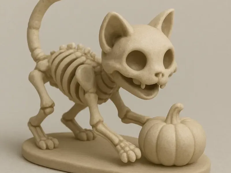 Skeleton Cat with Pumpkin