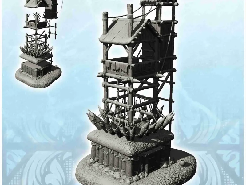 Wooden outpost with two adjoining towers with thatched or wo