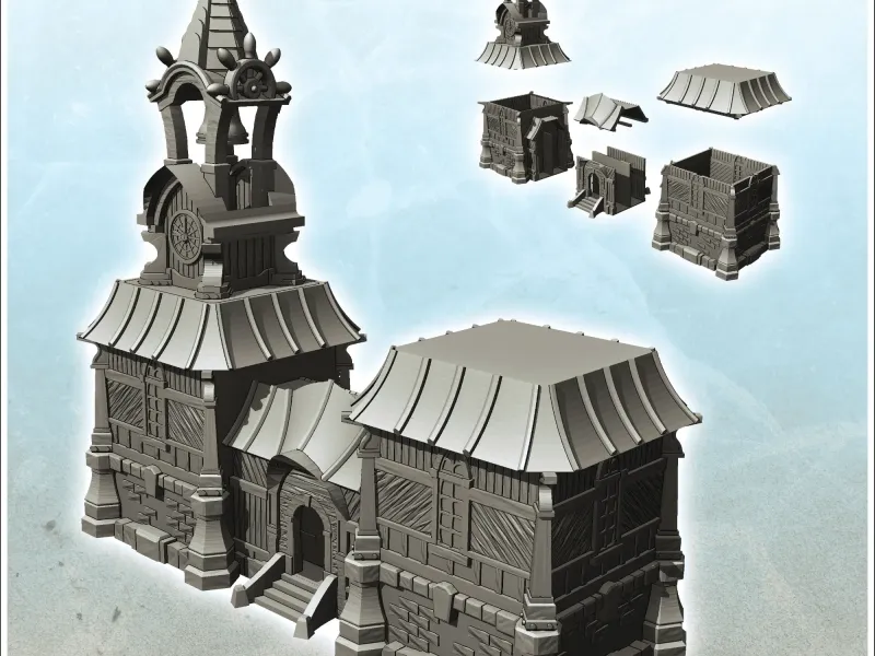 Edifício público medieval com torre e escadaria de acesso (18